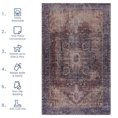 Maval - 2'6'' X 10' Washable Runner Rug - Burgundy