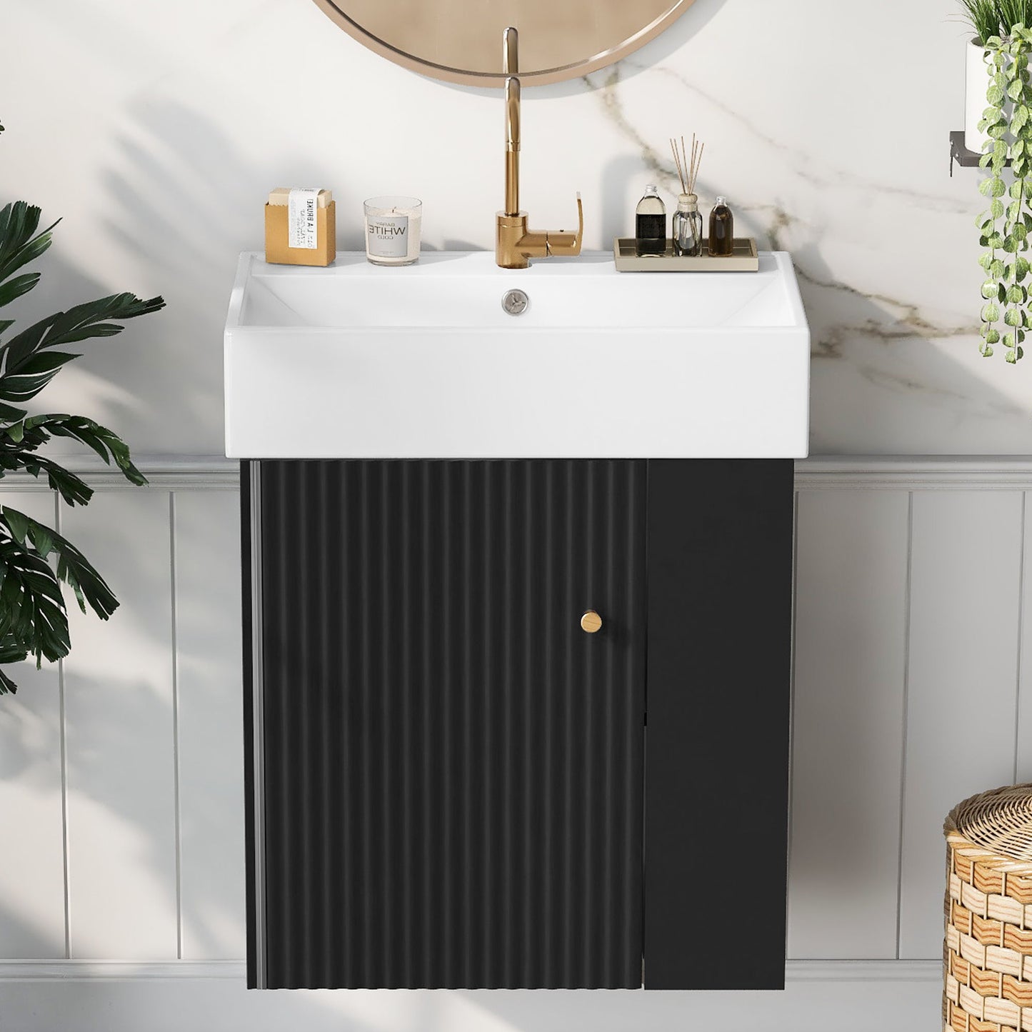 Modern Floating Bathroom Vanity With Ceramic Basin, Perfect For Small Bathrooms, Right Side Storage - Black