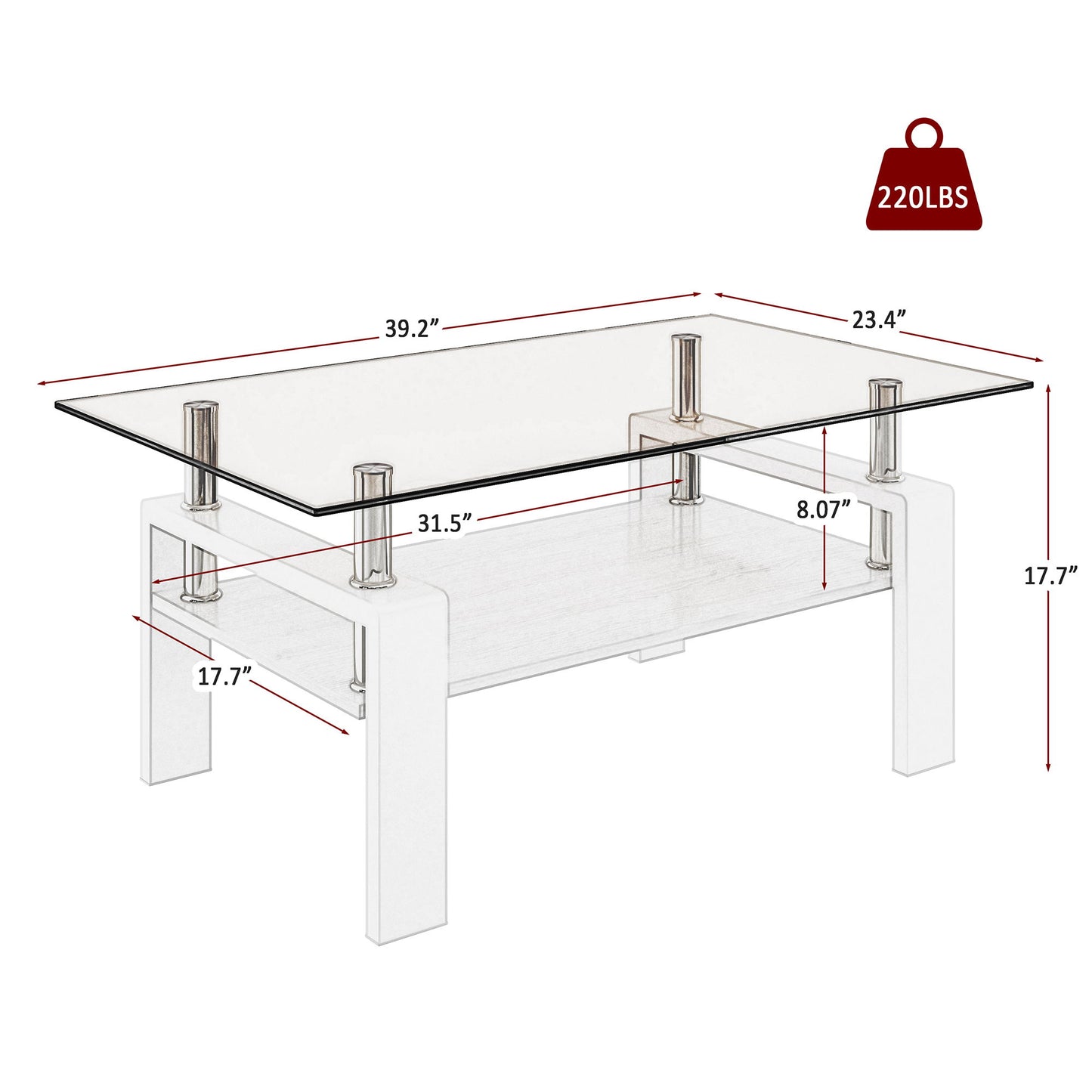 Modern Rectangular Coffee Table With Tempered Glass Top Layer, Table For Living Room - Brown / White