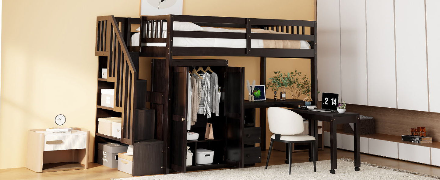 Twin Size Loft Bed With Stairs, Bookshelf, Drawers, Desk & Wardrobe, Space Saving Multifunctional Furniture - Espresso