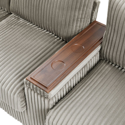 Modern 4 Seater Corduroy Sofa Couch With USB Ports, Hidden Storage Arms, And Flip Top Cup Holders - Brown - Brown