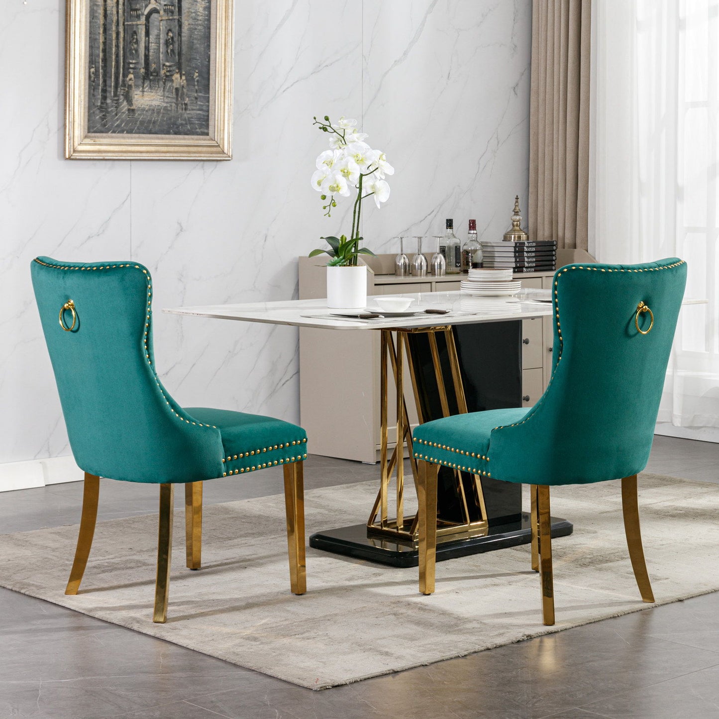 Nikki - Modern, High-End Tufted Solid Wood Contemporary Velvet Upholstered Dining Chair With Golden Stainless Steel Plating Legs, Nailhead Trim (Set of 2) - Green
