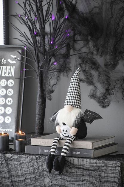 Sitting Gnome With Wings & Plaid Hat, For Halloween Decor - Black White