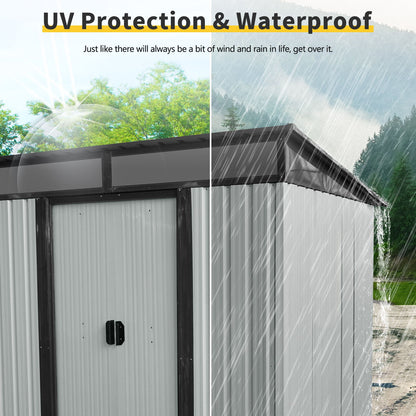 6Ft X 5Ft Outdoor Metal Storage Shed With Lockable Sliding Doors And Transparent Plate For Garden, Lawn - White / Black