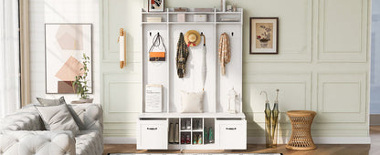 5 In 1 Entryway Bench With Coat Rack, 7 Sturdy Hooks, 2 Spacious Drawers And Adjustable Shelves, Wide Hall Tree With Metal Handles For Hallway - White