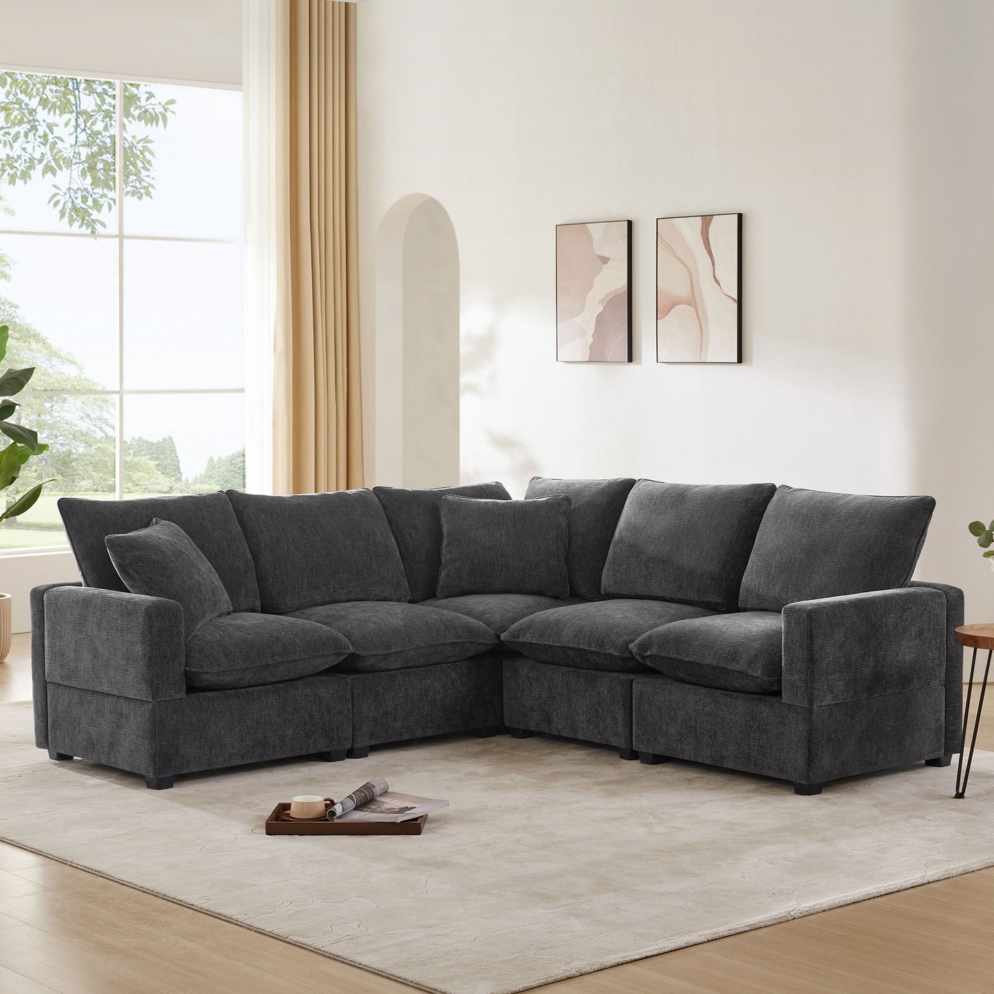 Modern L Shape Modular Sofa, 5 Seat Chenille Sectional Couch Set With 2 Pillows Included, Freely Combinable Indoor Funiture - Black / Gray