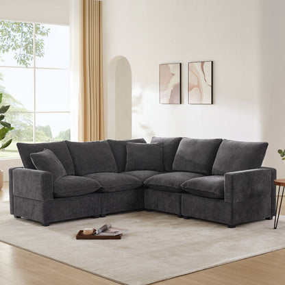 Modern L Shape Modular Sofa, 5 Seat Chenille Sectional Couch Set With 2 Pillows Included, Freely Combinable Indoor Funiture - Black / Gray