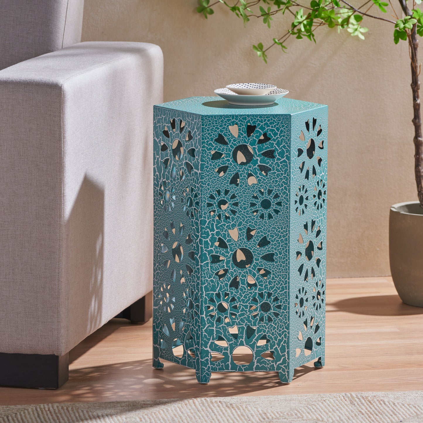 Galore - Side Table With Sunburst Cut Out Design - Teal