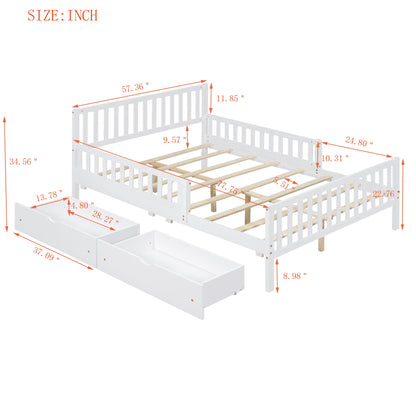 Full Size Platform Bed With Guardrails On Both Sides And 2 Storage Drawers - White