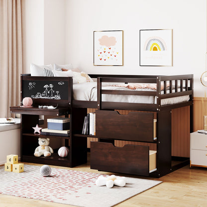 Twin Size Low Loft Bed With Rolling Desk, Shelf And Drawers - Espresso