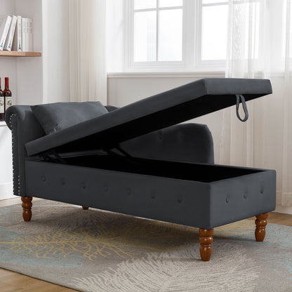 Chaise Lounge Indoor, Velvet Lounge Chair For Bedroom With Storage & Pillow, Modern Upholstered Rolled Arm Chase Lounge For Sleeping With Nailhead Trim For Living Room Bedroom Office - Black