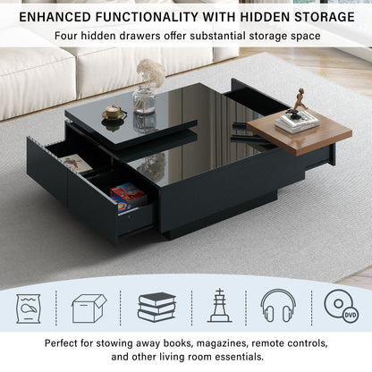 Movable Top Coffee Table, Modern Square Wood Coffee Table With High Gloss Finish, 4 Hidden Storage Drawers For Living Room - Black