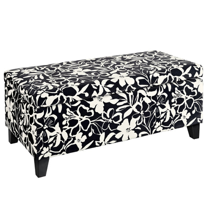 Luxury Storage Ottoman With Floral Patterned Fabric, Soft Close Hinges, Multi Functional Footrest & Seat - Black Floral / White