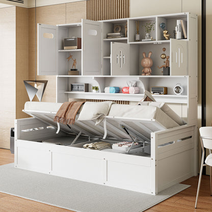 Twin Size Wooden Daybed With Hydraulic Bed And All In One Cabinet And Shelf - White