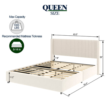Anna - Queen Patented 2 Drawer Storage Bed, Upholstered Wingback - Ivory Velvet