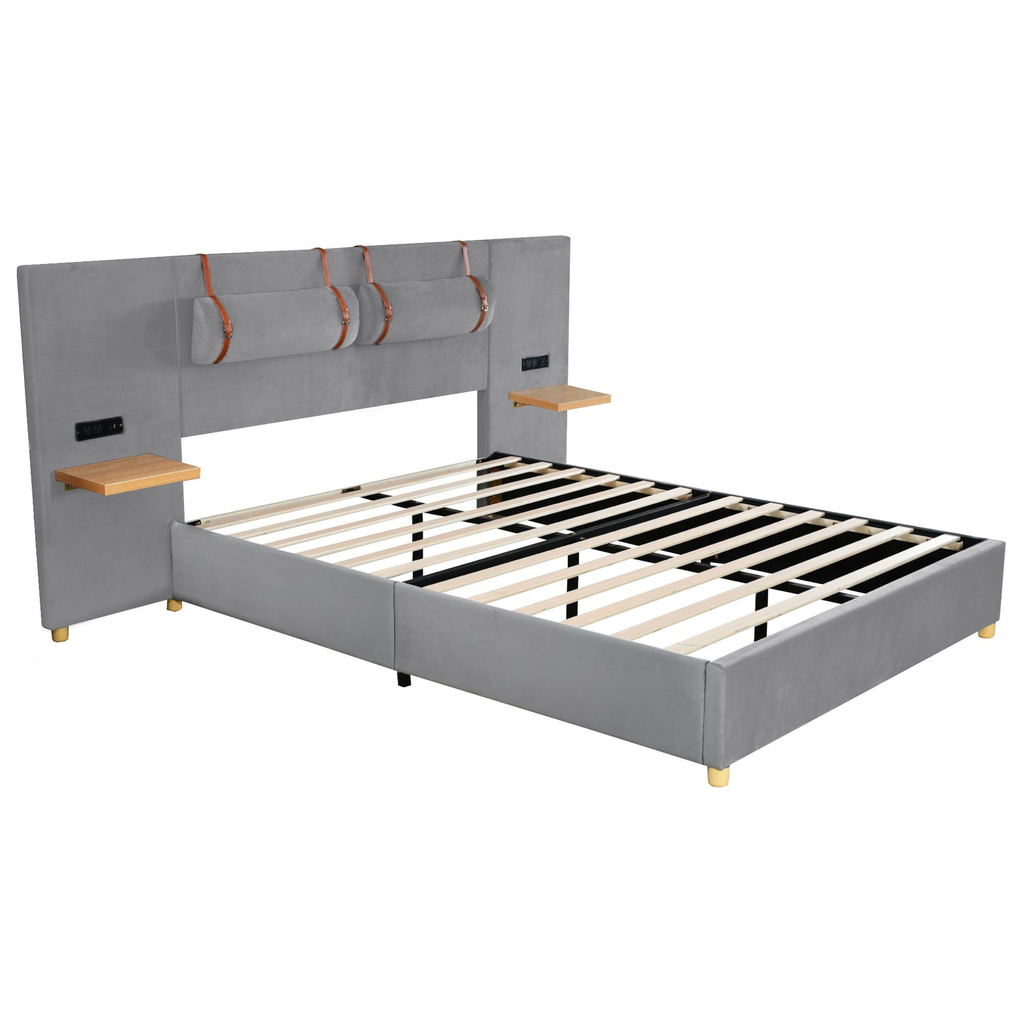Queen Upholstered Platform Bed, 2 Outlets And USB Charging Ports On Both Sides, 2 Bedside Pillows, Storage Shelves - Gray