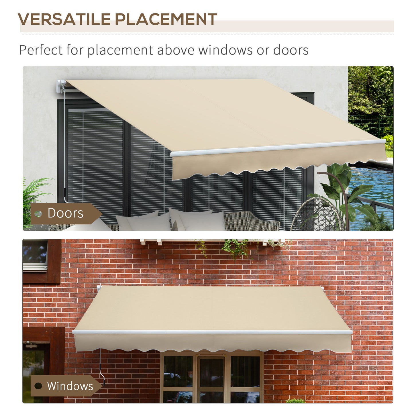 Outsunny - 12' x 8' Retractable Awning Patio Awnings Sun Shade Shelter With Manual Crank Handle, 280G / M����������� Uv & Water-Resistant Fabric And Aluminum Frame For Deck, Balcony, Yard - Cream White