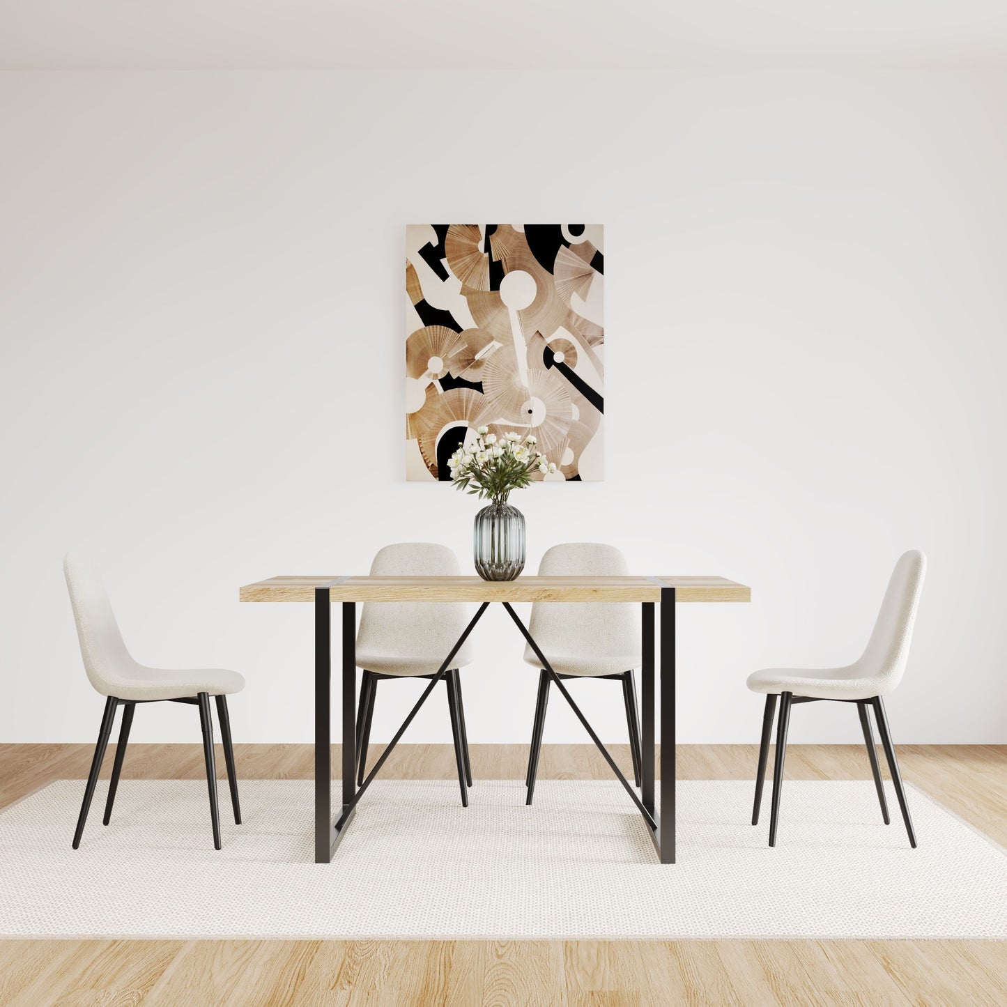 Modern Dining Chairs (Set of 4) With Linen Fabric Upholstered Seat, Spoon Shape Design - Black / Beige
