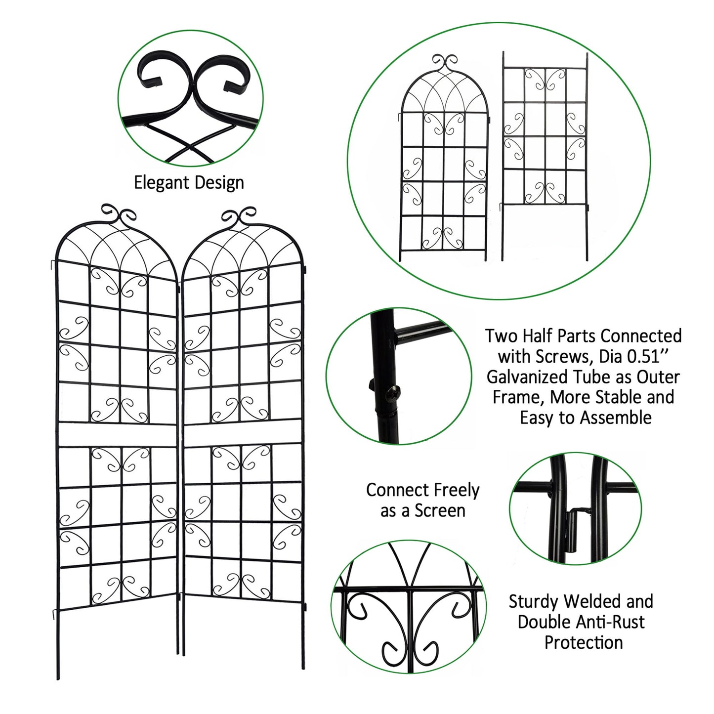 2 Pack Metal Garden Rustproof Trellis For Climbing Plants Outdoor Flower Support - Black