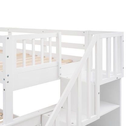 Twin Over Full Bunk Bed Stairway With Storage And Guard Rail For Bedroom - White