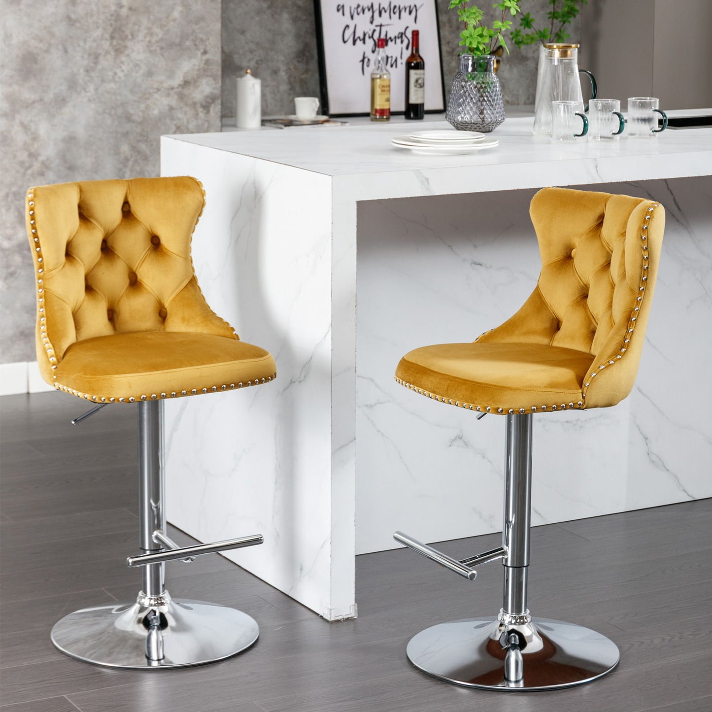 Swivel Velvet Barstools Adjusatble Seat Height From 25-33", Modern Upholstered Chrome Base Bar Stools With Backs Comfortable Tufted For Home Pub And Kitchen Island (Set of 2) - Gold