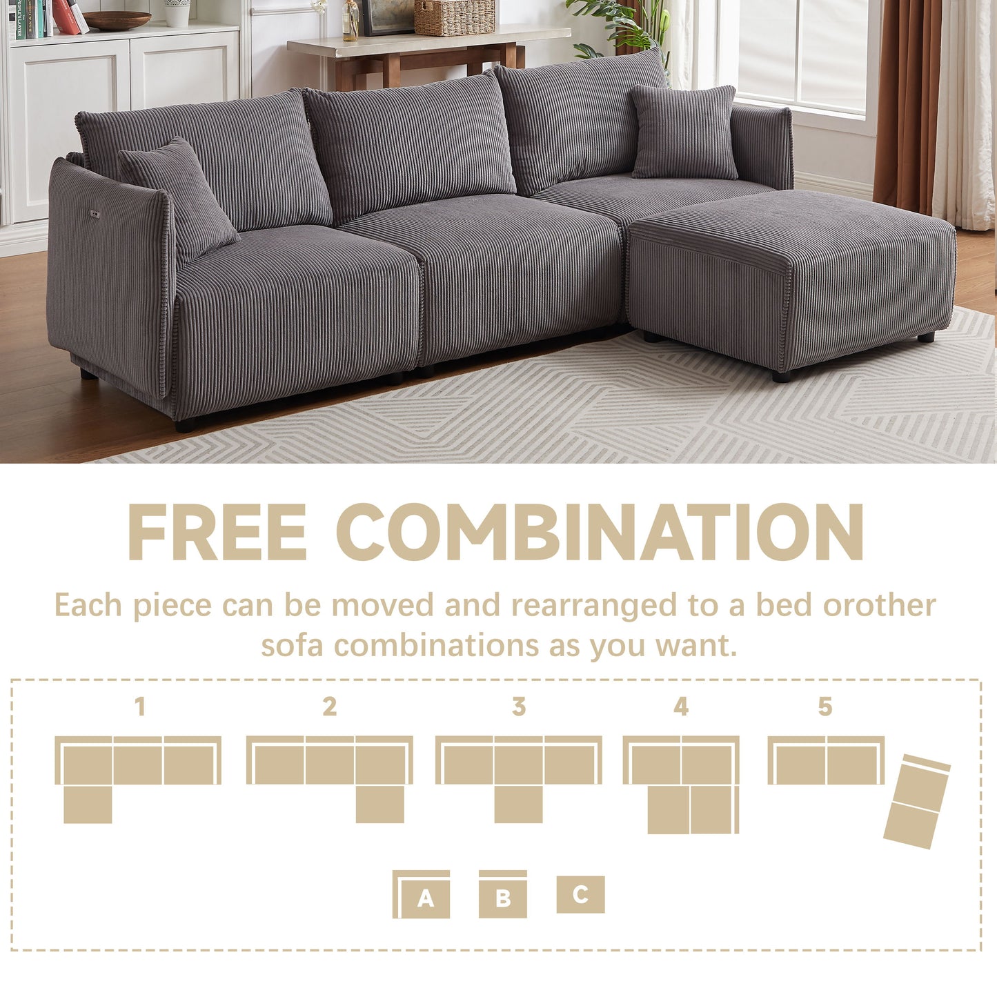 Multi Module Combination Style Sofa For Living Room And Other Lounge Spaces, Modern Minimalist Corduroy Combination Sofa With 2 Comfort Cushions With USB & C Charging Ports - Gray