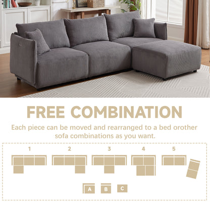 Multi Module Combination Style Sofa For Living Room And Other Lounge Spaces, Modern Minimalist Corduroy Combination Sofa With 2 Comfort Cushions With USB & C Charging Ports - Gray