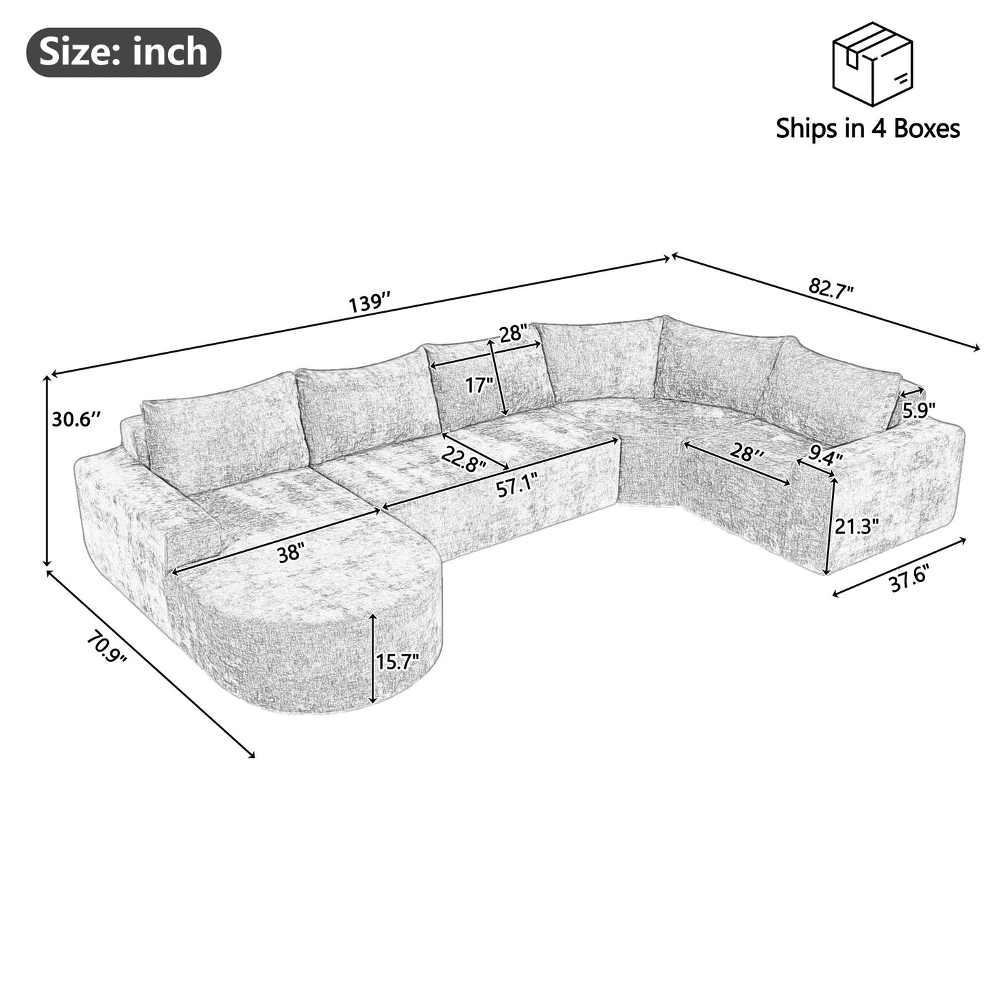 Oversized Modular Sofa Cloud Sectional Sofa Set Upholstered Couches U - Shaped Sofa With Deep Seat For Living Room - Gray