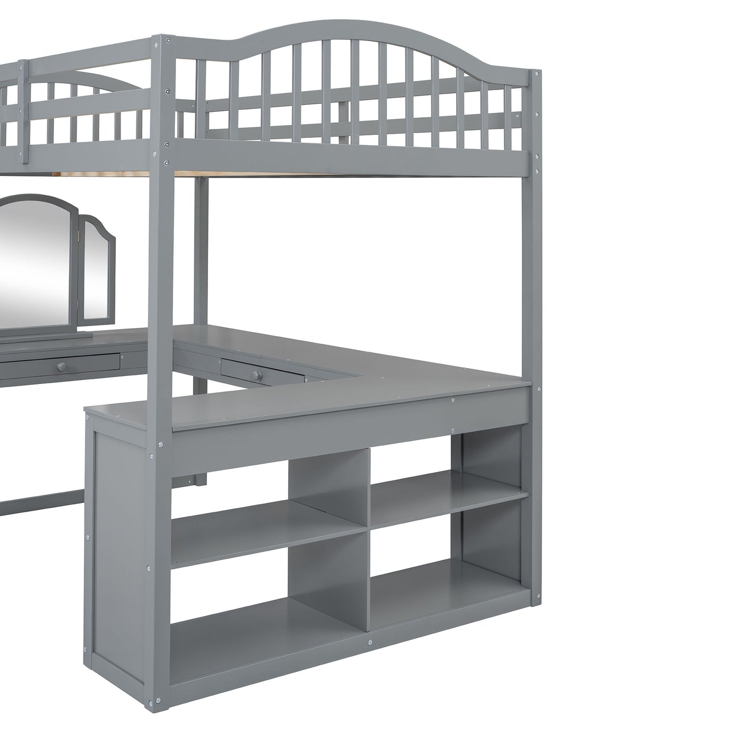Full Loft Bed With U Shaped Desk, Storage Compartments And Tri Fold Mirror - Gray