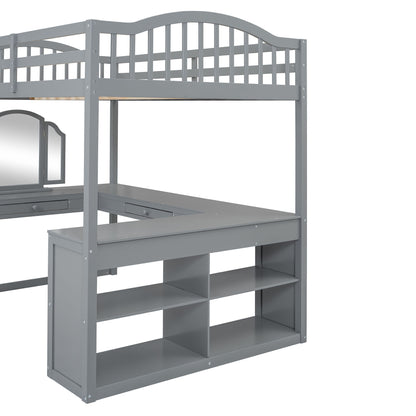 Full Loft Bed With U Shaped Desk, Storage Compartments And Tri Fold Mirror - Gray