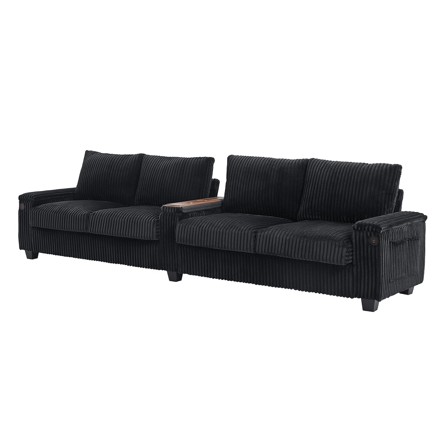 Modern 4 Seater Corduroy Sofa Couch With USB Ports And Hidden Storage - Black