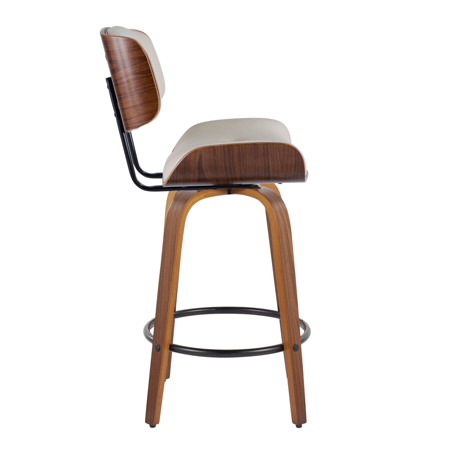 Lombardi - Mid-Century Modern Fixed Height Counter Stool With Swivel With Round Footrest (Set of 2) - Walnut / Cream