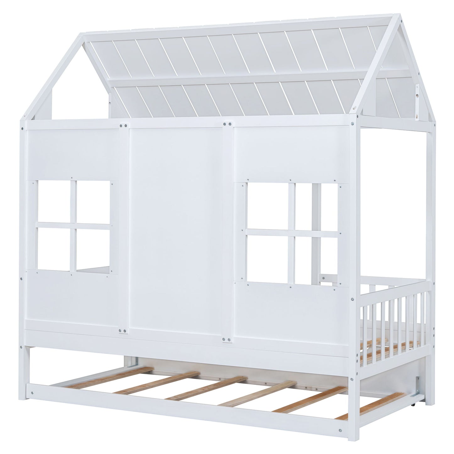 Twin Size House Bed With Twin Size Trundle, Daybed - White