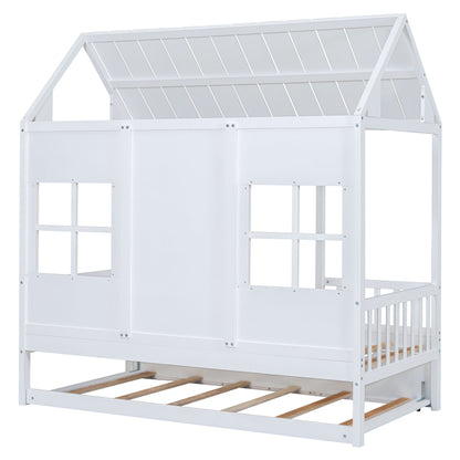 Twin Size House Bed With Twin Size Trundle, Daybed - White