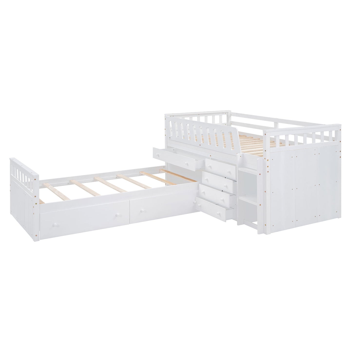 Twin Loft And Platform Bed With 7 Drawers And Full Guardrails, Modern L Shaped Space Savin - White