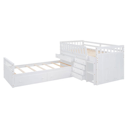 Twin Loft And Platform Bed With 7 Drawers And Full Guardrails, Modern L Shaped Space Savin - White
