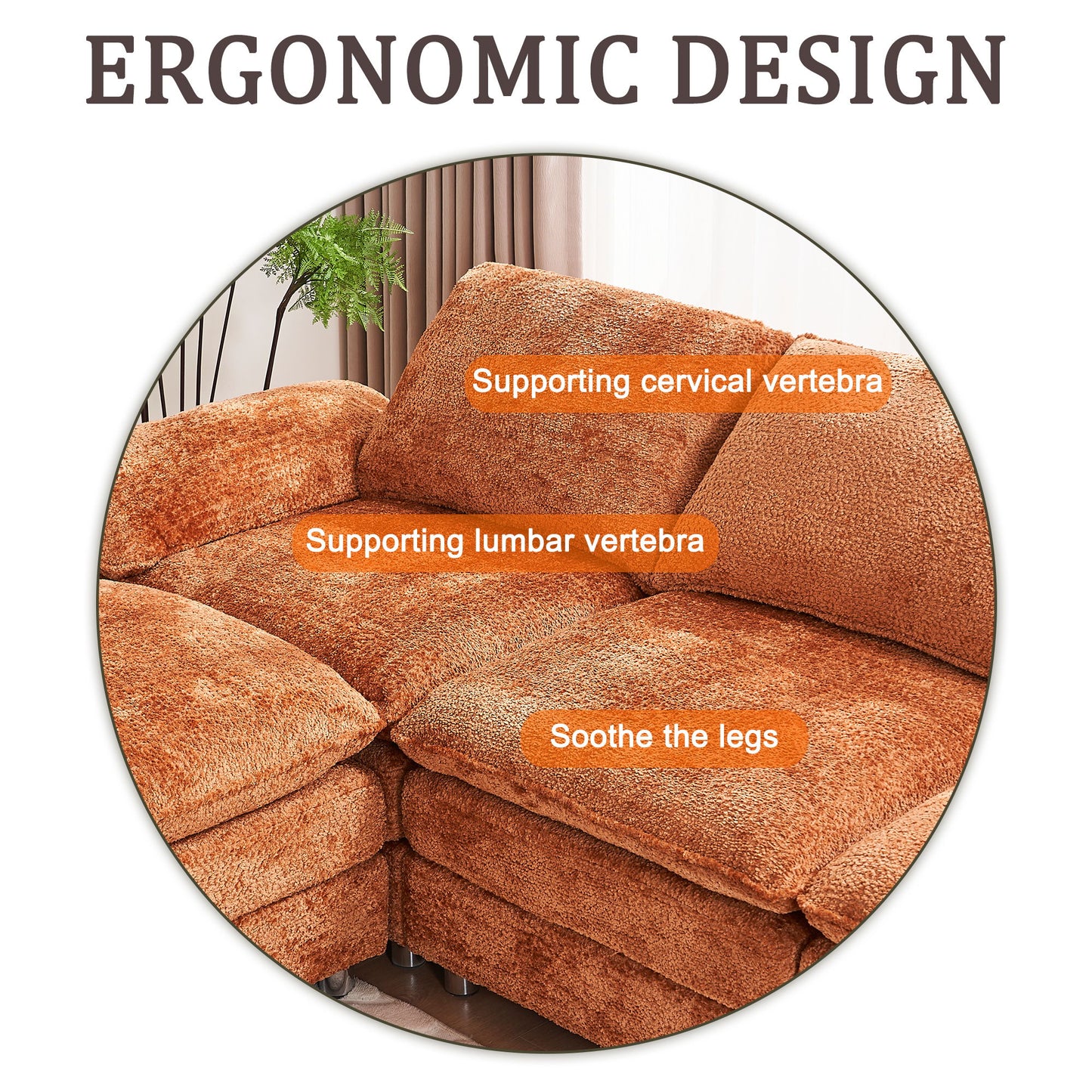 Modern Deep 3 Seat Sofa Couch With Ottoman, Polyester Sofa Sleeper Comfy Upholstered Furniture For Living Room - Orange