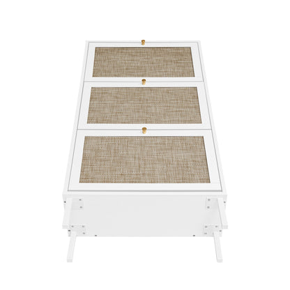 Modern Rattan 3 Door Shoe Rack Cabinet For Entryway Freestanding White Storage Unit In Particle Board - White