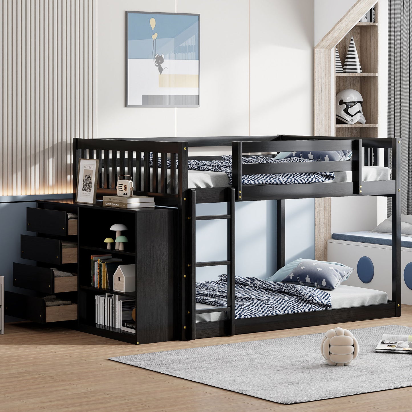 Full Over Full Bunk Bed With Storage Drawers And Shelves - Espresso