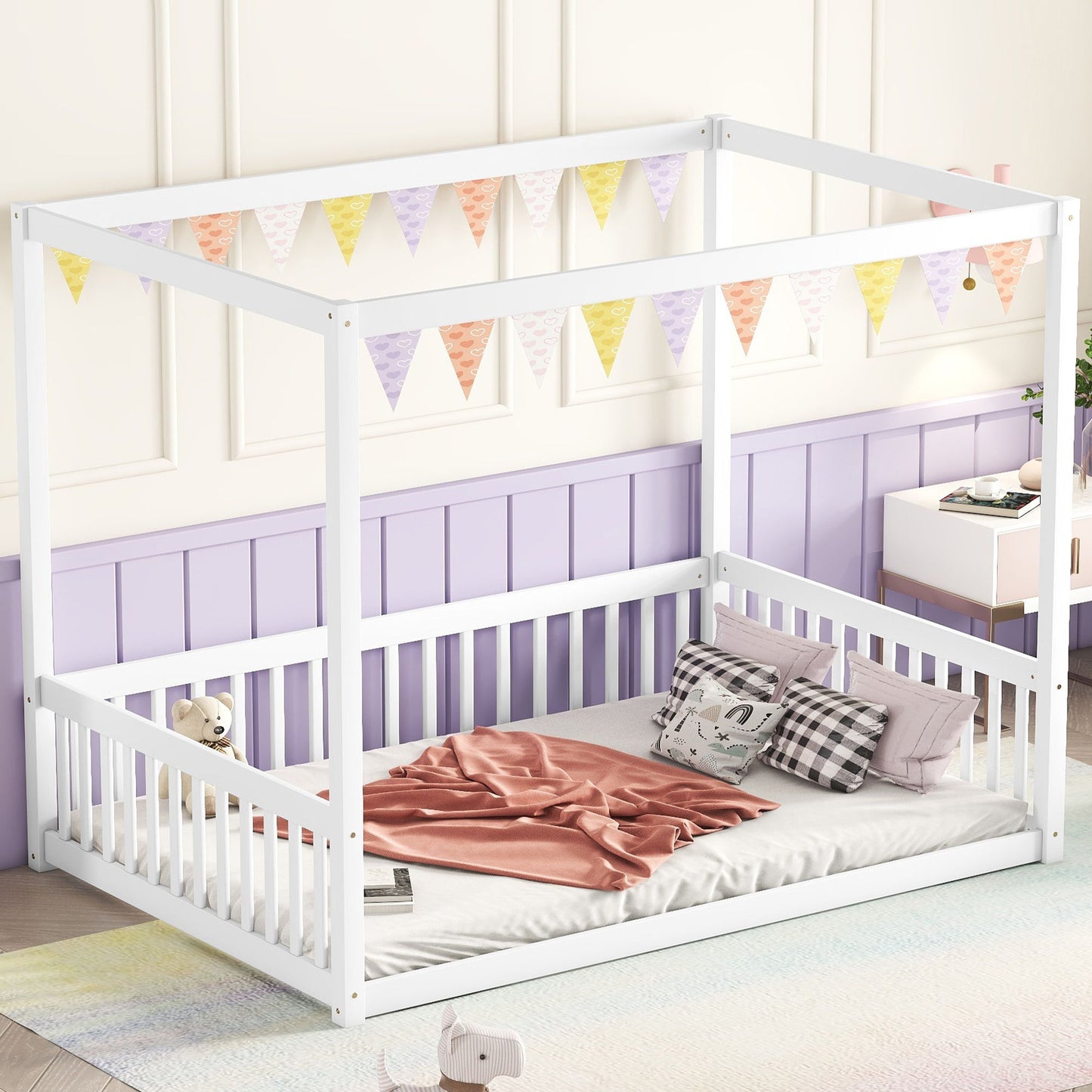 Full Size Canopy Frame Floor Bed With Fence, Guardrails - White