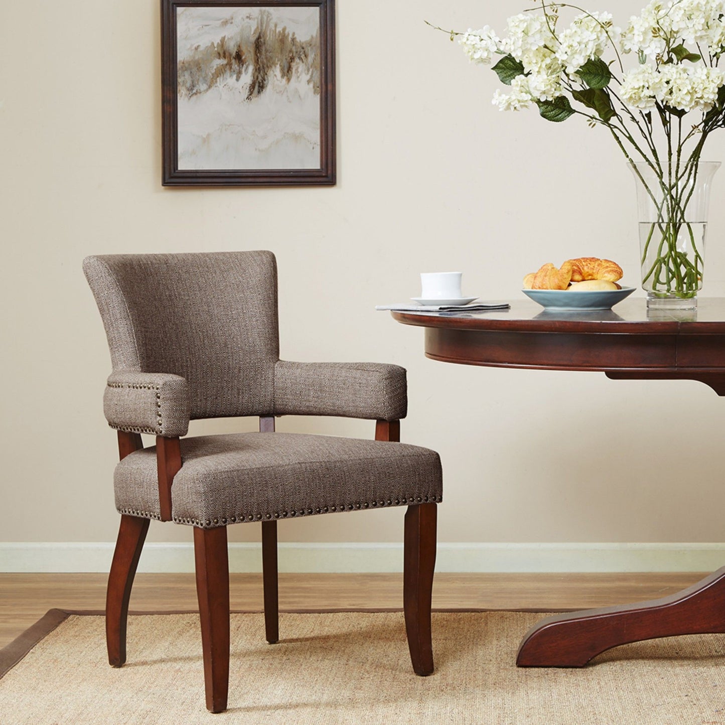 Arm Dining Chair With Nail Head Detailing - Brown / Espresso