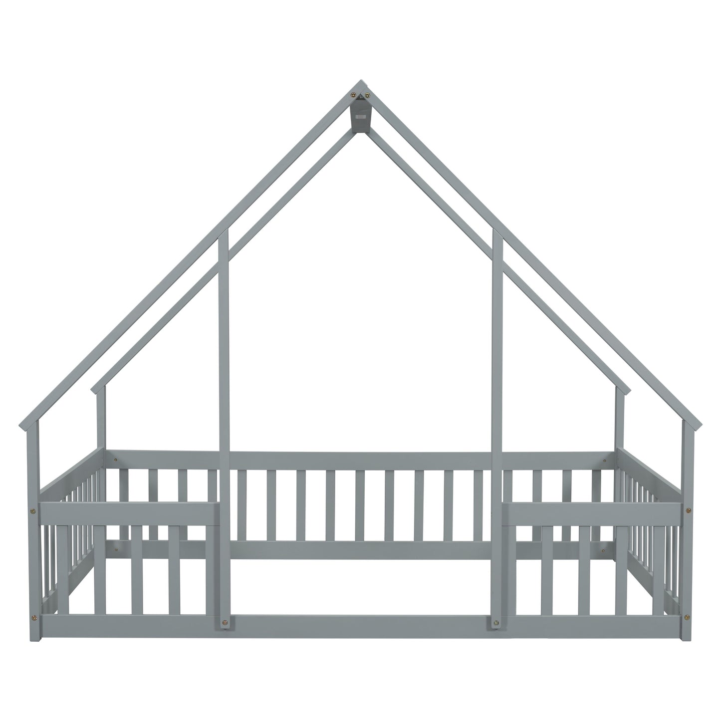 Full Wood House-Shaped Floor Bed With Fence, Guardrails - Gray