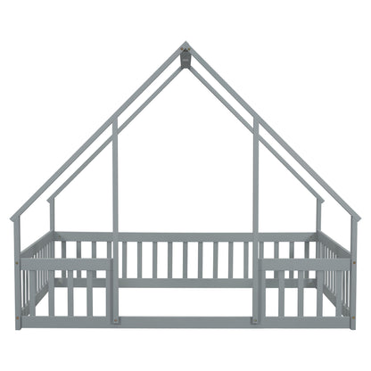Full Wood House-Shaped Floor Bed With Fence, Guardrails - Gray