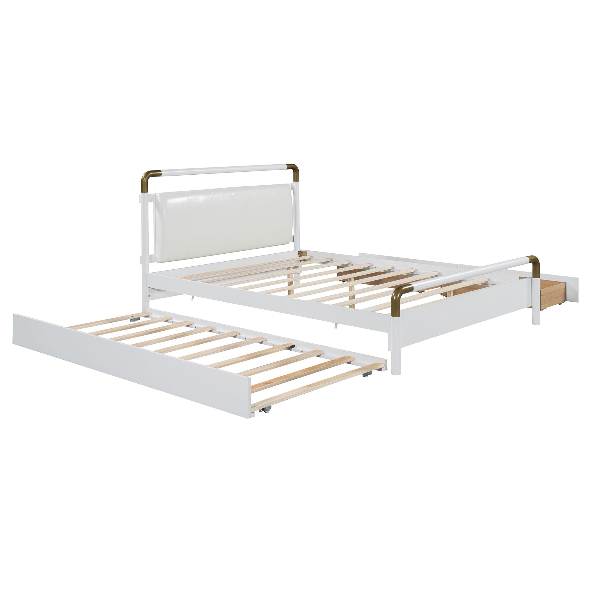 Queen Size Storage Platform Bed, With 2 Big Drawers, Twin Long Size Trundle - White