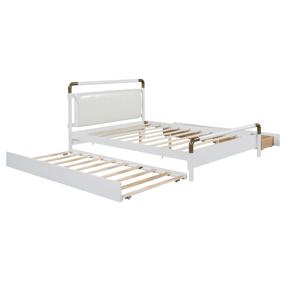 Queen Size Storage Platform Bed, With 2 Big Drawers, Twin Long Size Trundle - White