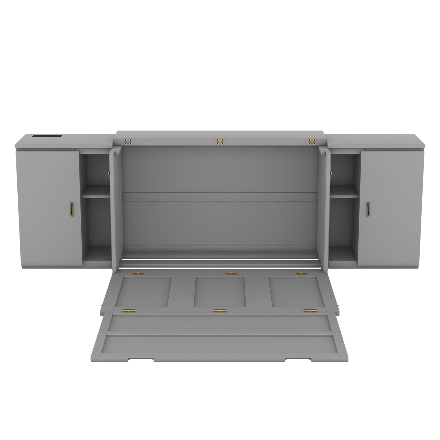 Full Size Murphy Bed With Shelves, Cabinets And USB Ports - Gray