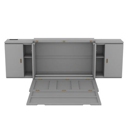 Full Size Murphy Bed With Shelves, Cabinets And USB Ports - Gray