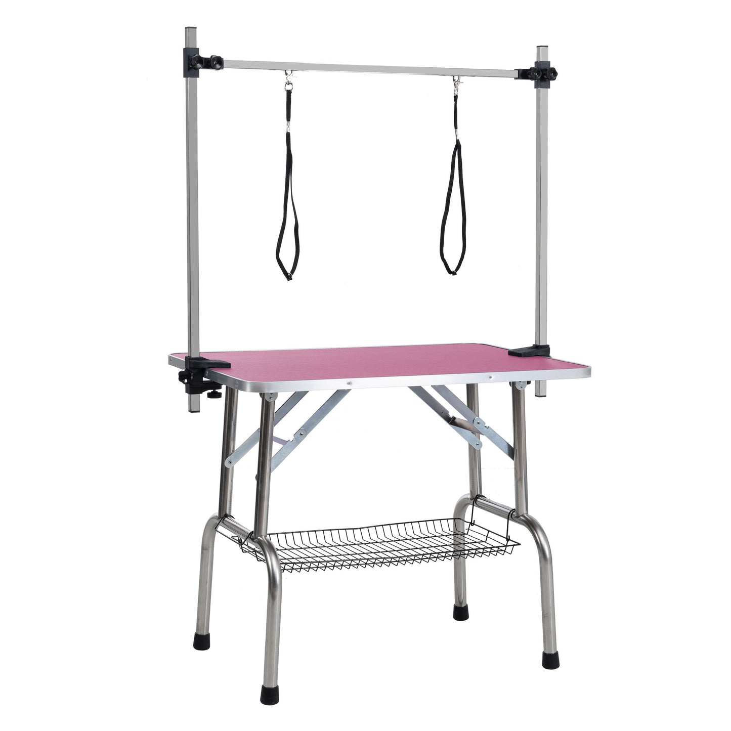 Folding Dog Pet Grooming Table Stainless Steel Frame Rubber Mat On Board With Adjustable Arm And Clamps Pet Dog Cat Grooming Table - Pink