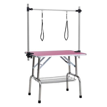 Folding Dog Pet Grooming Table Stainless Steel Frame Rubber Mat On Board With Adjustable Arm And Clamps Pet Dog Cat Grooming Table - Pink