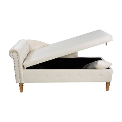 Chaise Lounge Indoor, Velvet Lounge Chair For Bedroom With Storage & Pillow, Modern Upholstered Rolled Arm Chase Lounge For Sleeping With Nailhead Trim For Living Room Bedroom Office - Beige
